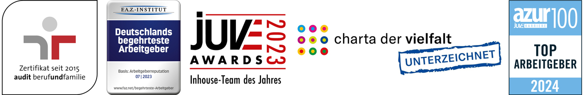 Logos von: Audit Familien und Beruf, Deutschland begehrtester Arbeitgeber, JUVE Awards; Charta der Vielfalt, azur 100